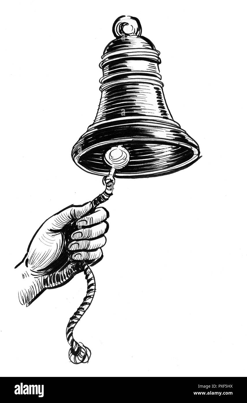 Hand ringing a bell. Ink black and white retro styled illustration Stock  Photo - Alamy