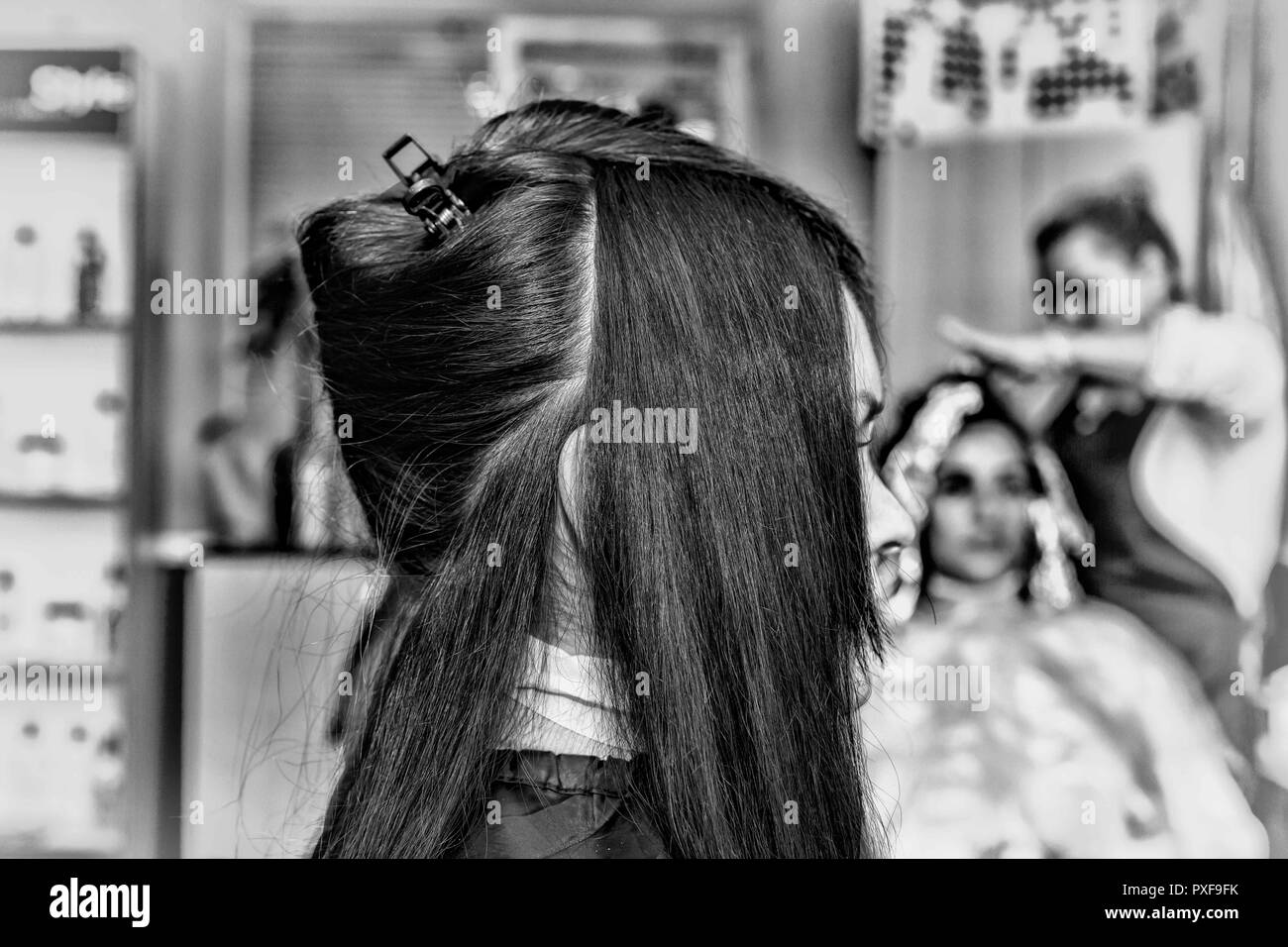 Black And White Photo Beauty Saloon Creating A Female Hairstyle