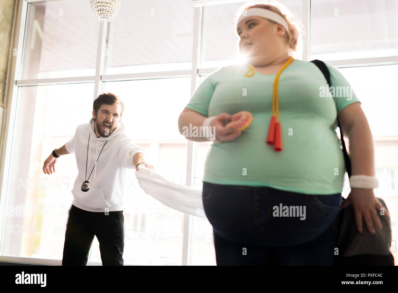 Obese Woman Refusing to Train Stock Photo