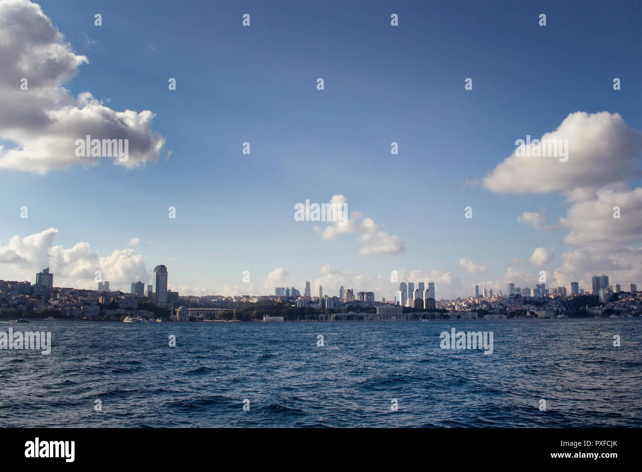 View of the European side of Istanbul from a boat on Bosphorus. Stock Photo