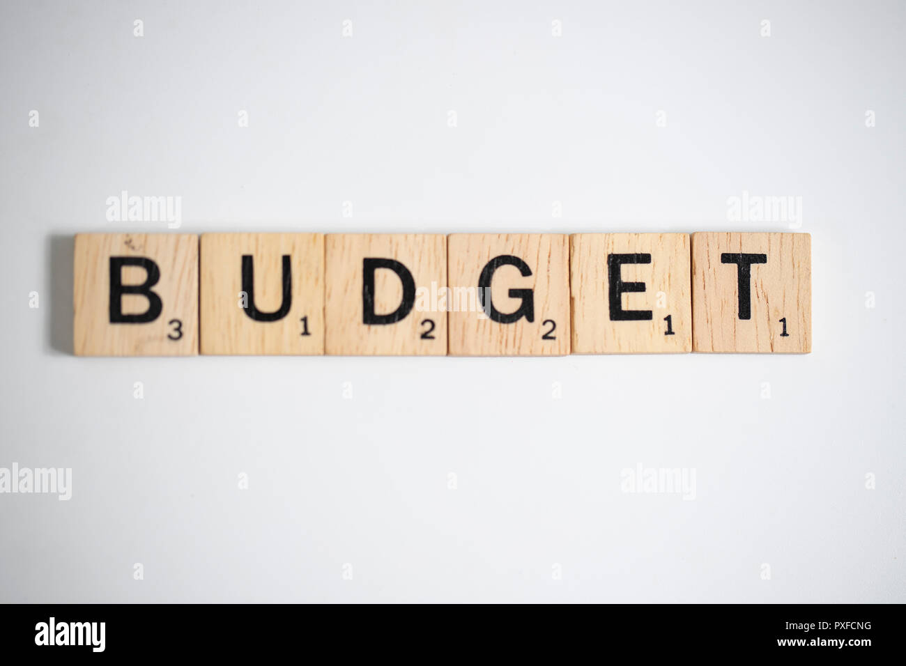 Bangkok, Thailand, October 22, 2018 - Scrabble letters spelling the word budget, Business Concept for study case Stock Photo