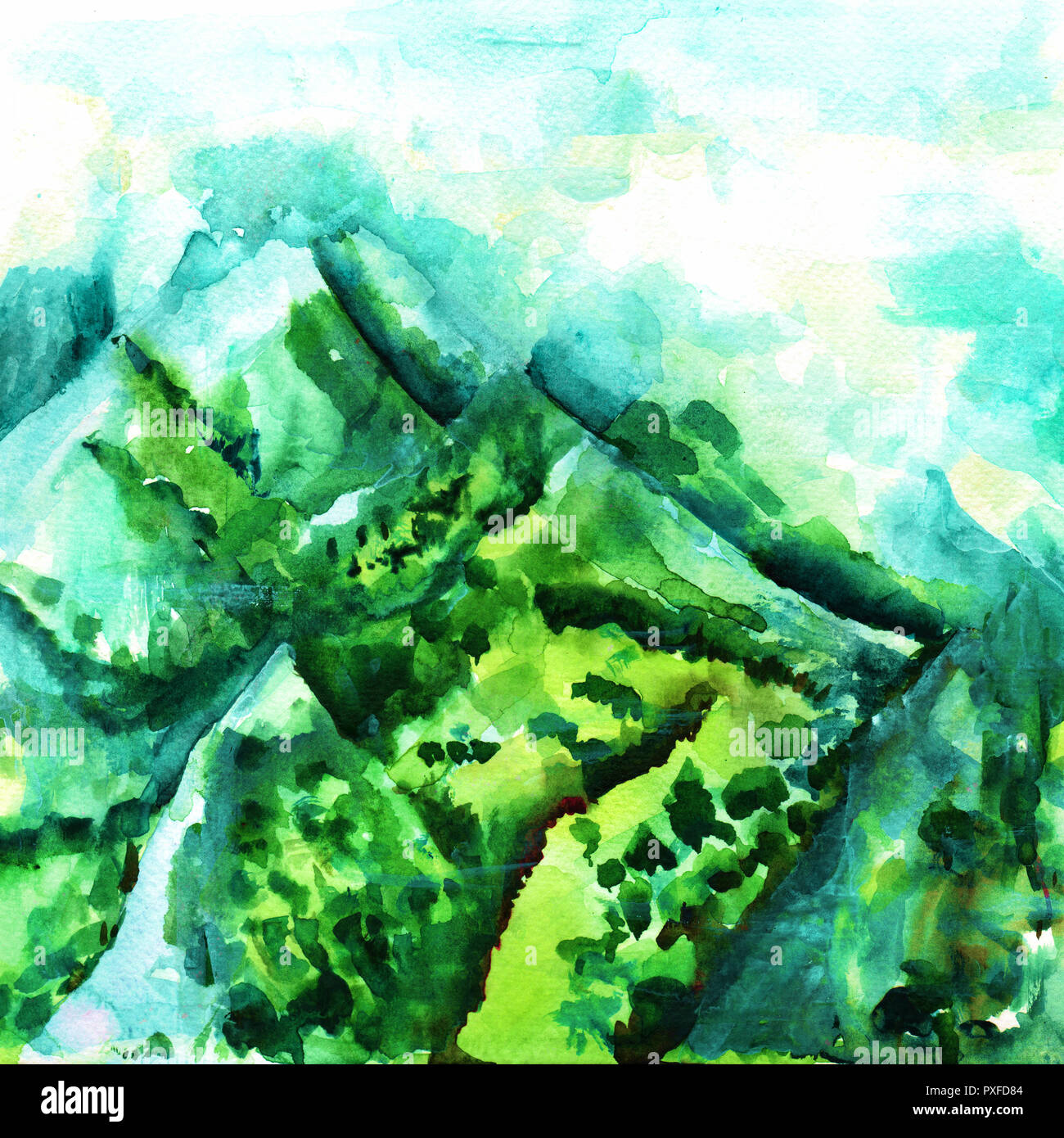 A watercolour landscape painting, view over the mountains in teal blue ...