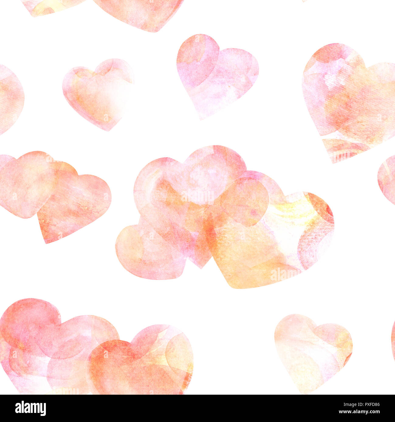 Seamless pattern of pastel pink watercolor hearts on a white background ...