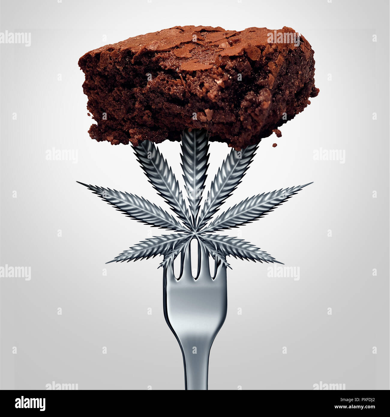 Cannabis brownie edible or marijuana edibles snack with a leaf representing pot baked good herbal food infused with psychoactive medicinal. Stock Photo