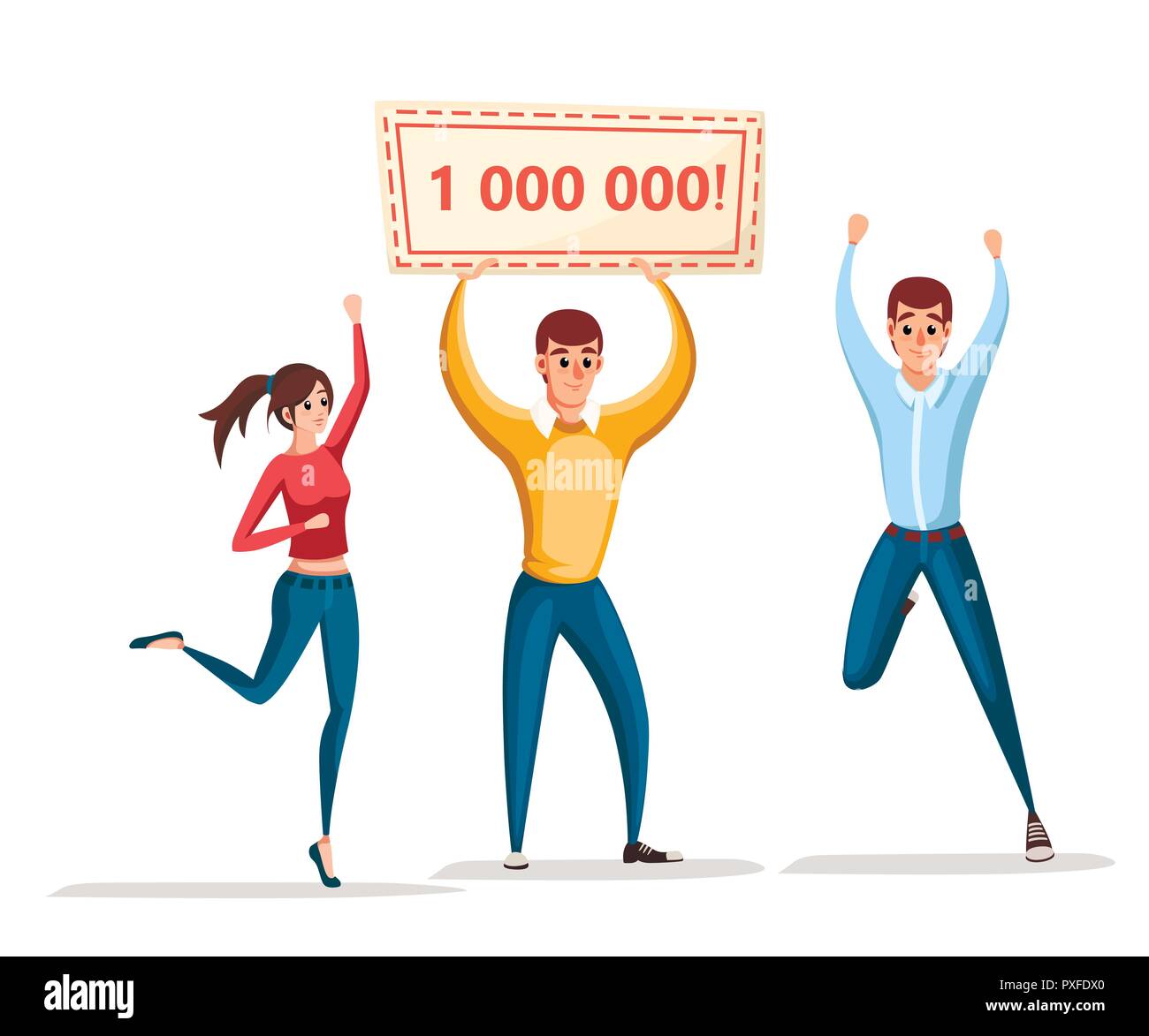 Lottery winner. Women and man stand with winner banner, 1000000. Happy people. Win million. Cartoon character design. Flat vector illustration isolate Stock Vector