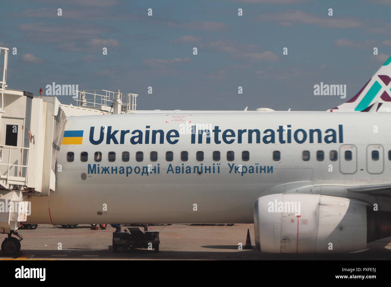 Milan, Italy - Sep 25, 2018: Aircraft fuselage of airline 'Ukraine International Airlines' Stock Photo