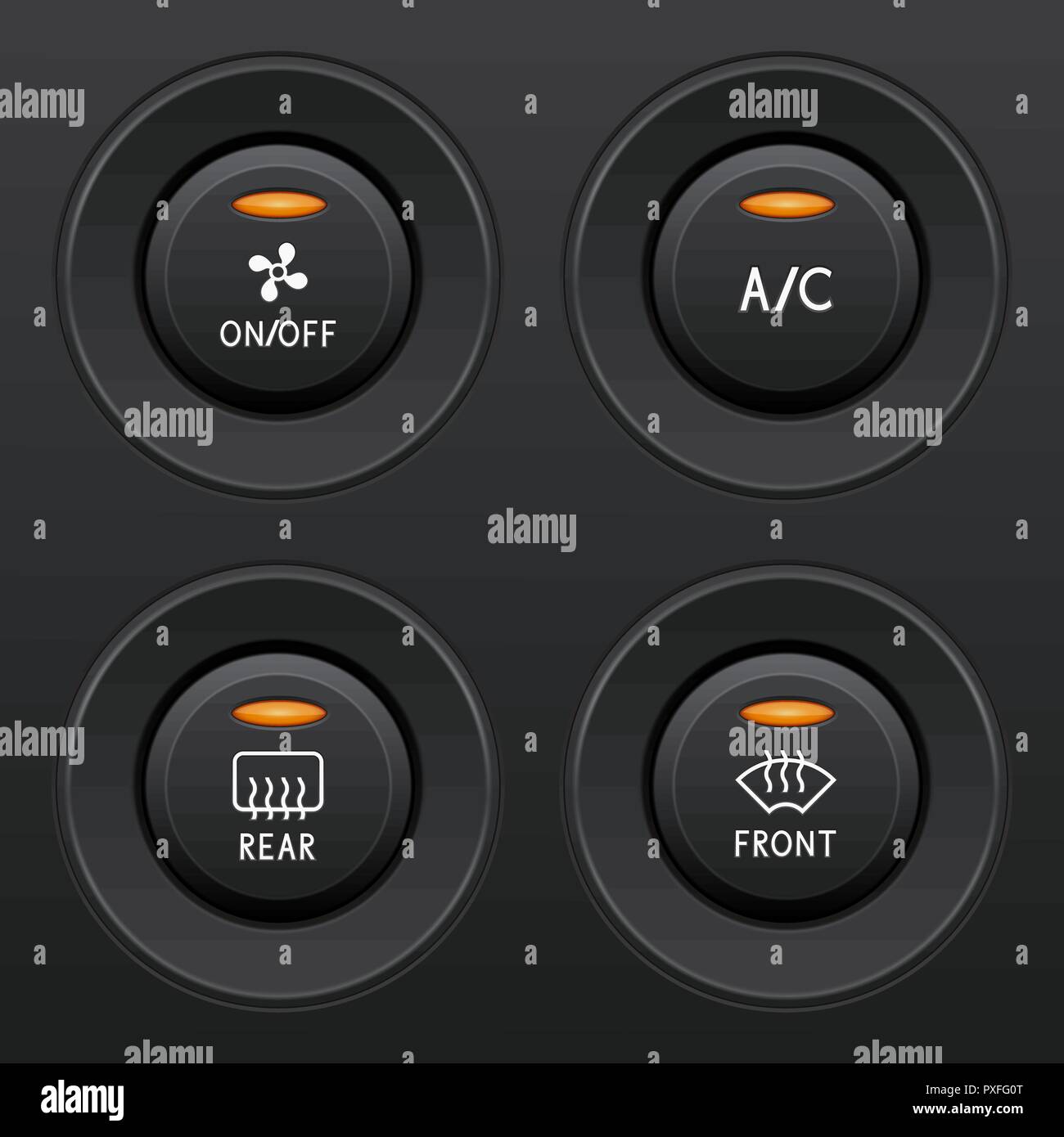 Air conditioner buttons set. Car dashboard black elements Stock