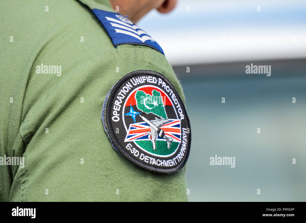 Badge worn by RAF Royal Air Force crew member depicting Operation Unified Protector, E-3D detachment Trapani 2011. Libyan civil war no fly zone Stock Photo