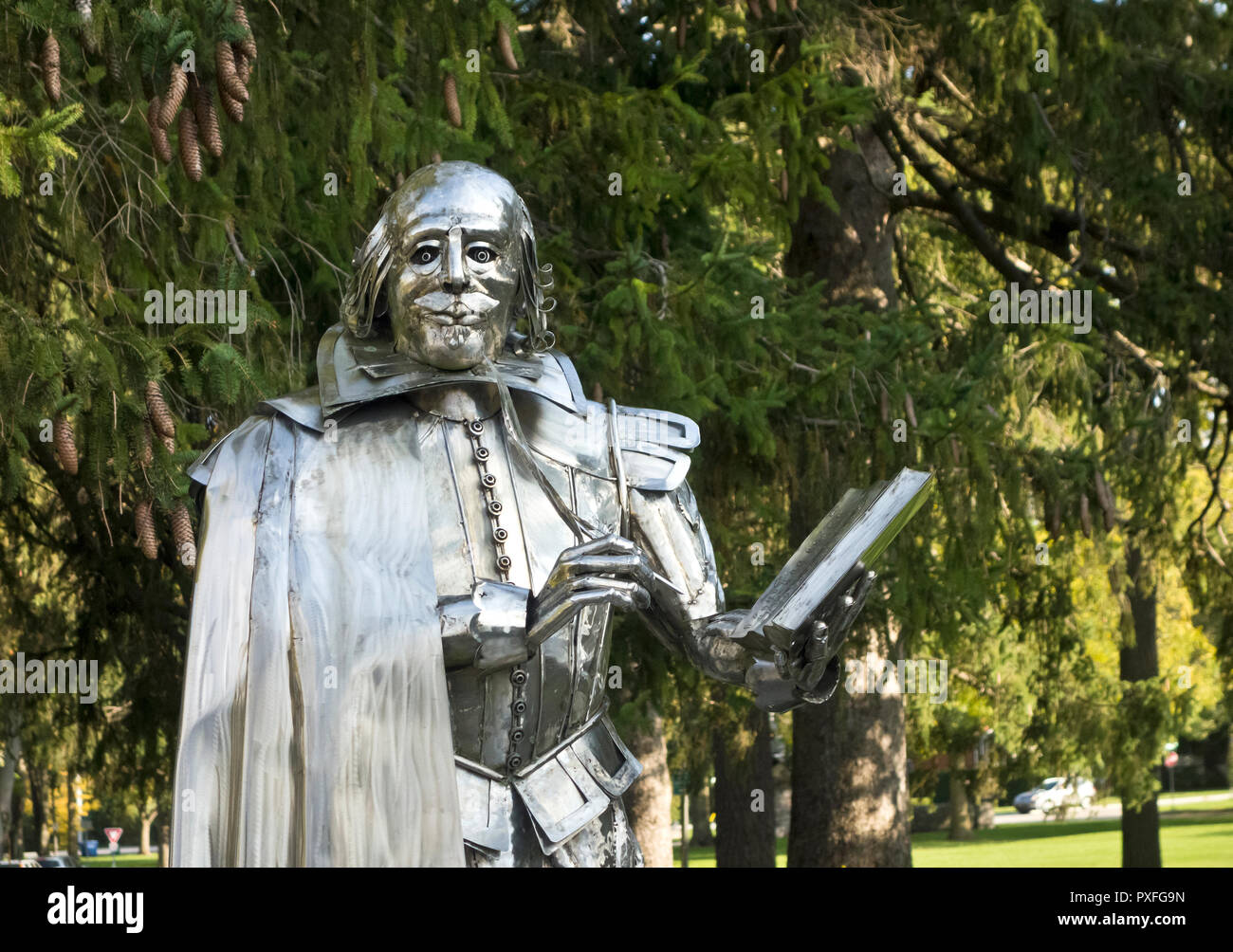Metallic Shakespeare sculpture statue in Stratford, Ontario, Canada