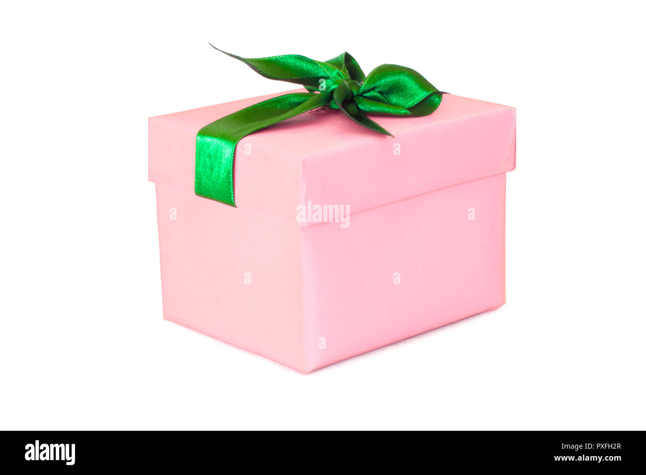 Pink gift box with the green satin ribbon bow Stock Photo - Alamy