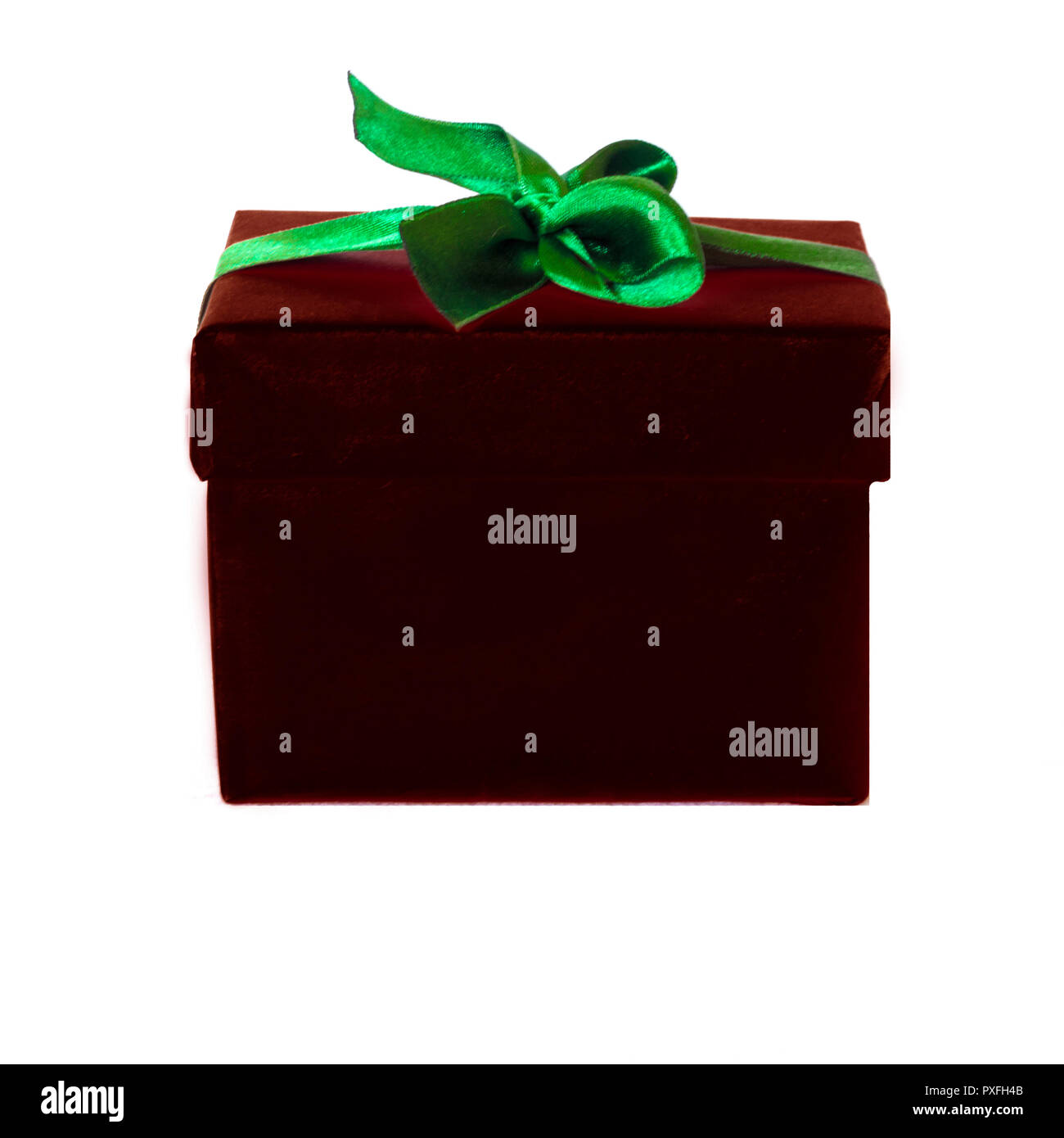 Burgundy gift box with the green satin ribbon bow Stock Photo - Alamy