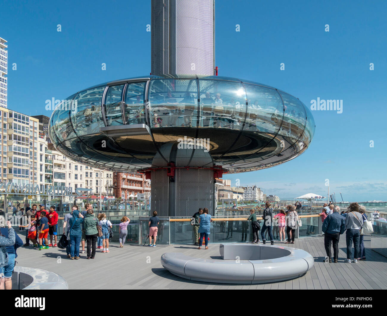 Passengers waiting to board the British Airways i360 observation pod, Brighton seafront, East Sussex, England, UK Stock Photo