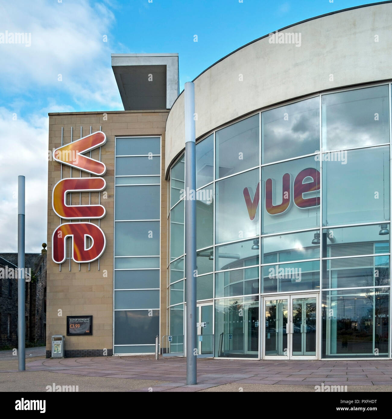 Exterior of modern Vue multiplex cinema showing colourful Vue logo and entrance lobby, Forthside, Stirling, Scotland, UK Stock Photo
