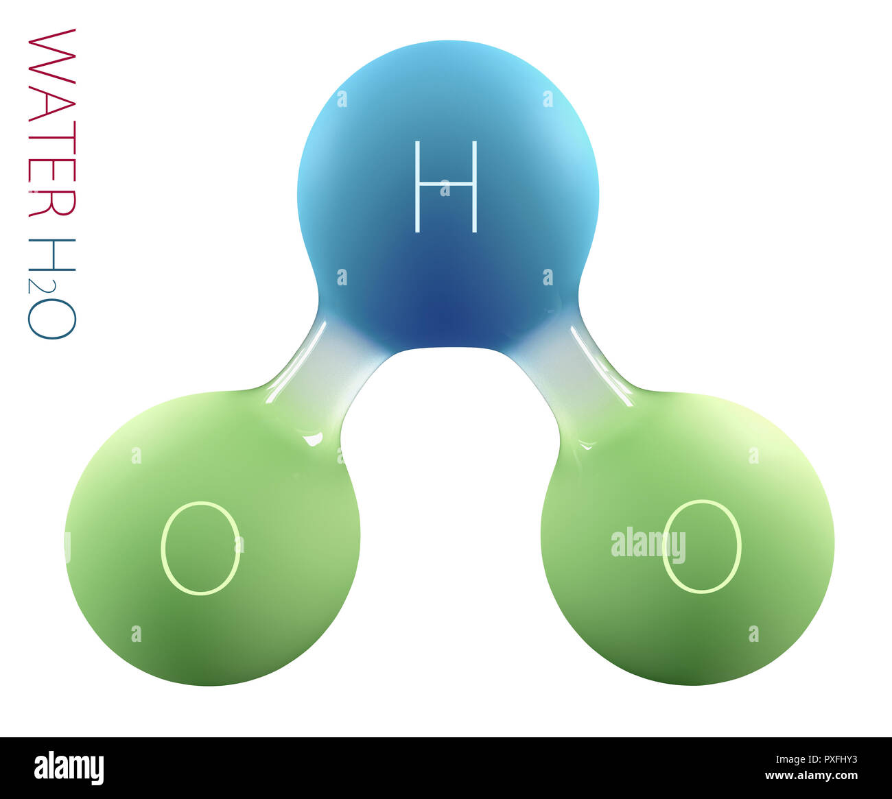 3d Illustration of Chemical formula for water drops H2O shaped. H2O water logo. Stock Photo