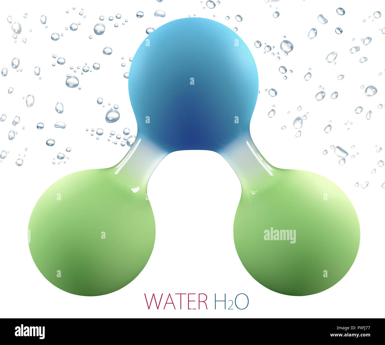 3d Illustration of Chemical formula for water drops H2O shaped. H2O water logo. Stock Photo