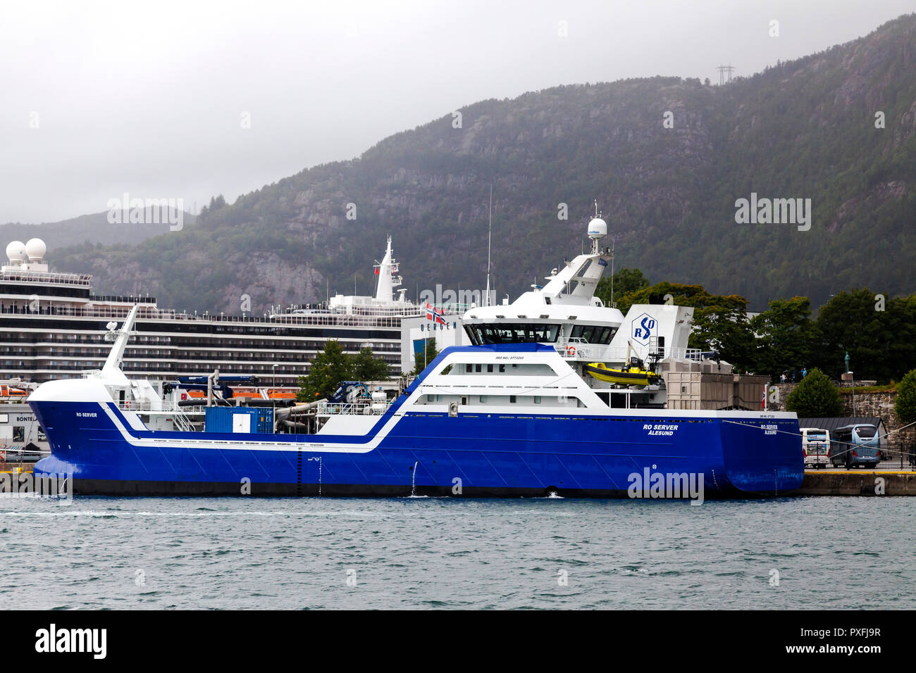 Modern fish cargo carrier RO Server, in the port of Bergen, Norway