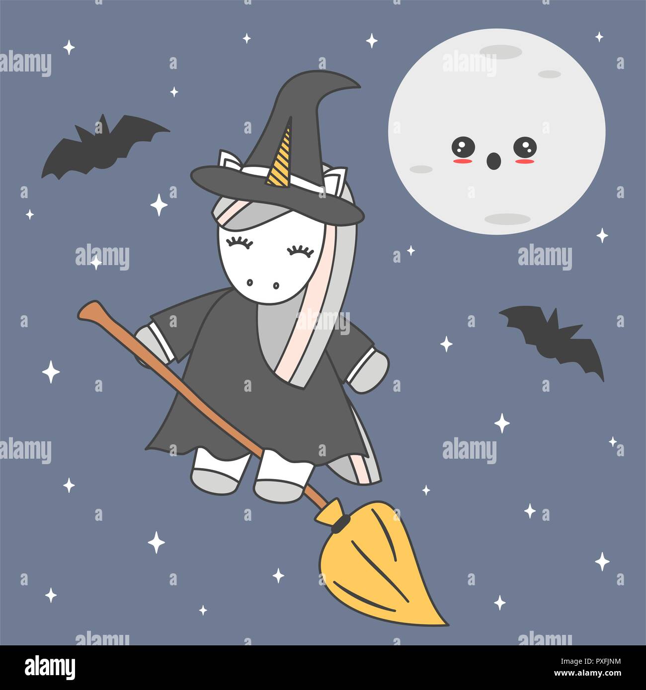cute cute cartoon unicorn witch flying on broom in a starry night halloween vector illustration