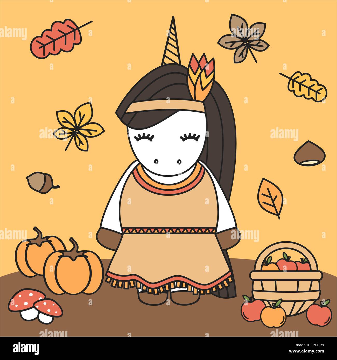 cute cartoon lovely native indian american female unicorn thanksgiving