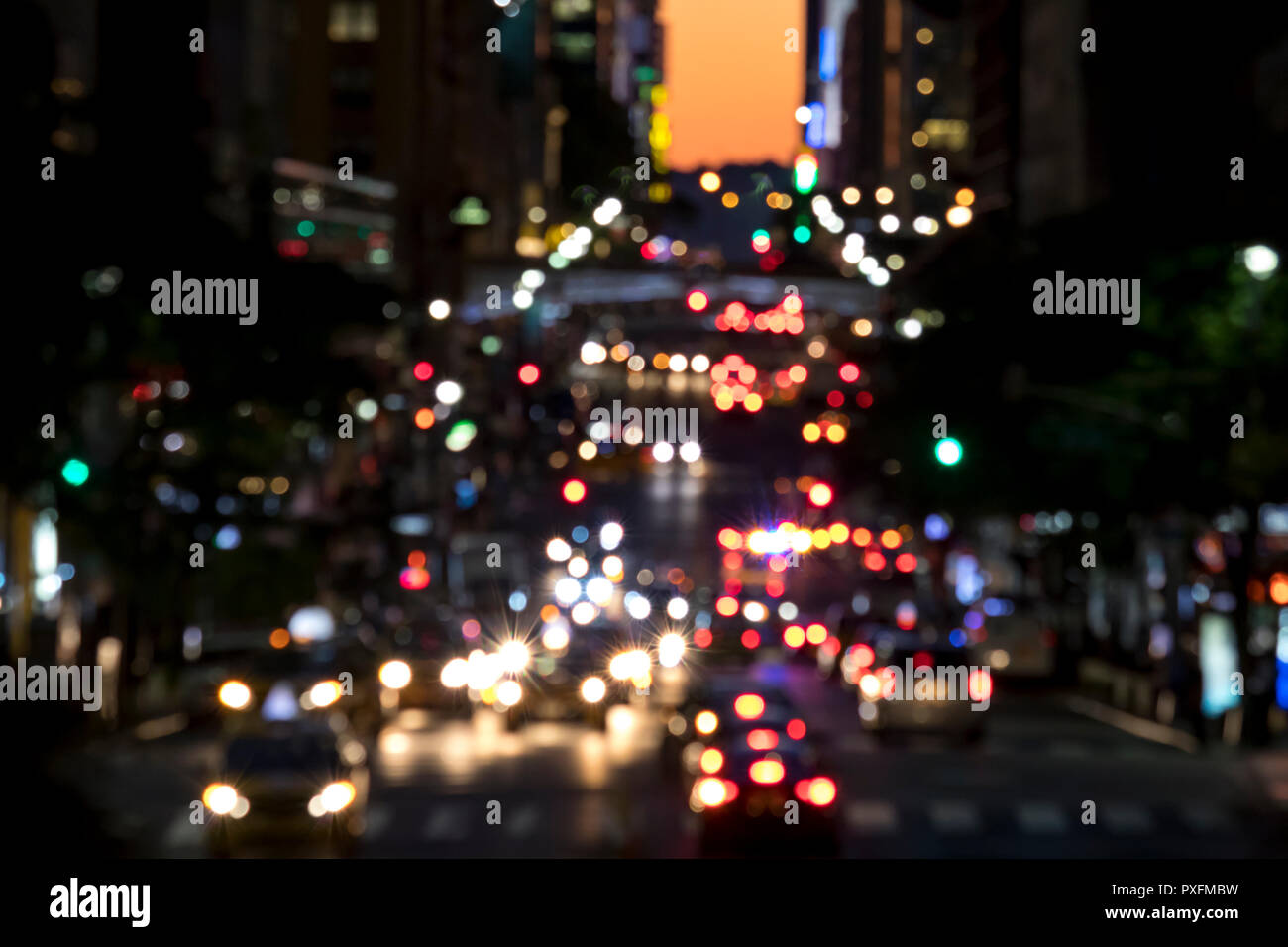 Abstract blurred lights of a busy night street scene in Manhattan New ...