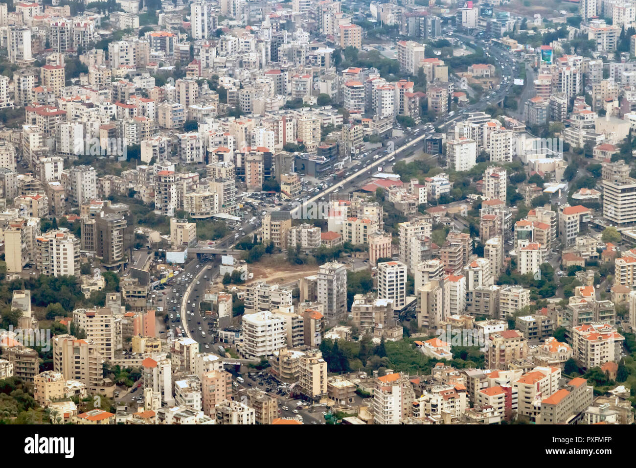 Overhead view of the Jounieh Beirut Highway winding through the buildings in Lebanon Stock Photo