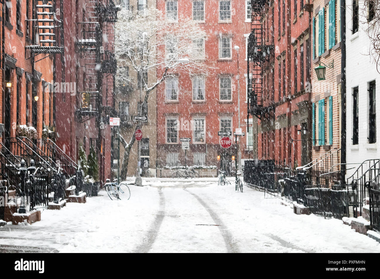 Snowy winter scene on Gay Street in the Greenwich Village neighborhood of Manhattan in New York City Stock Photo