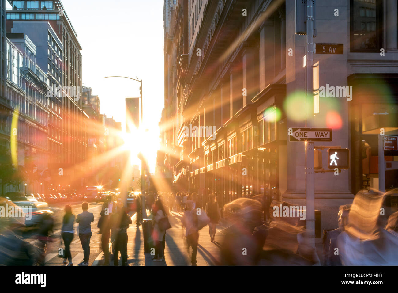 New York City street scene with abstract blurred people walking down ...