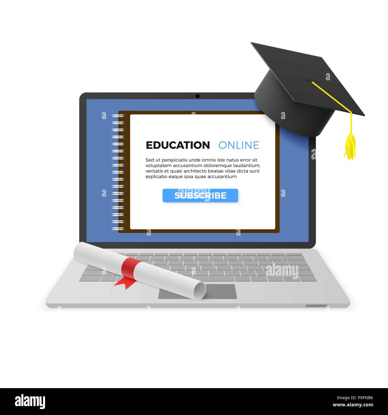 Education Online Concept. Notebook with Graduation Cap and Diploma and Education Online Text on Screen. Distant learning technology. Vector illustrati Stock Vector