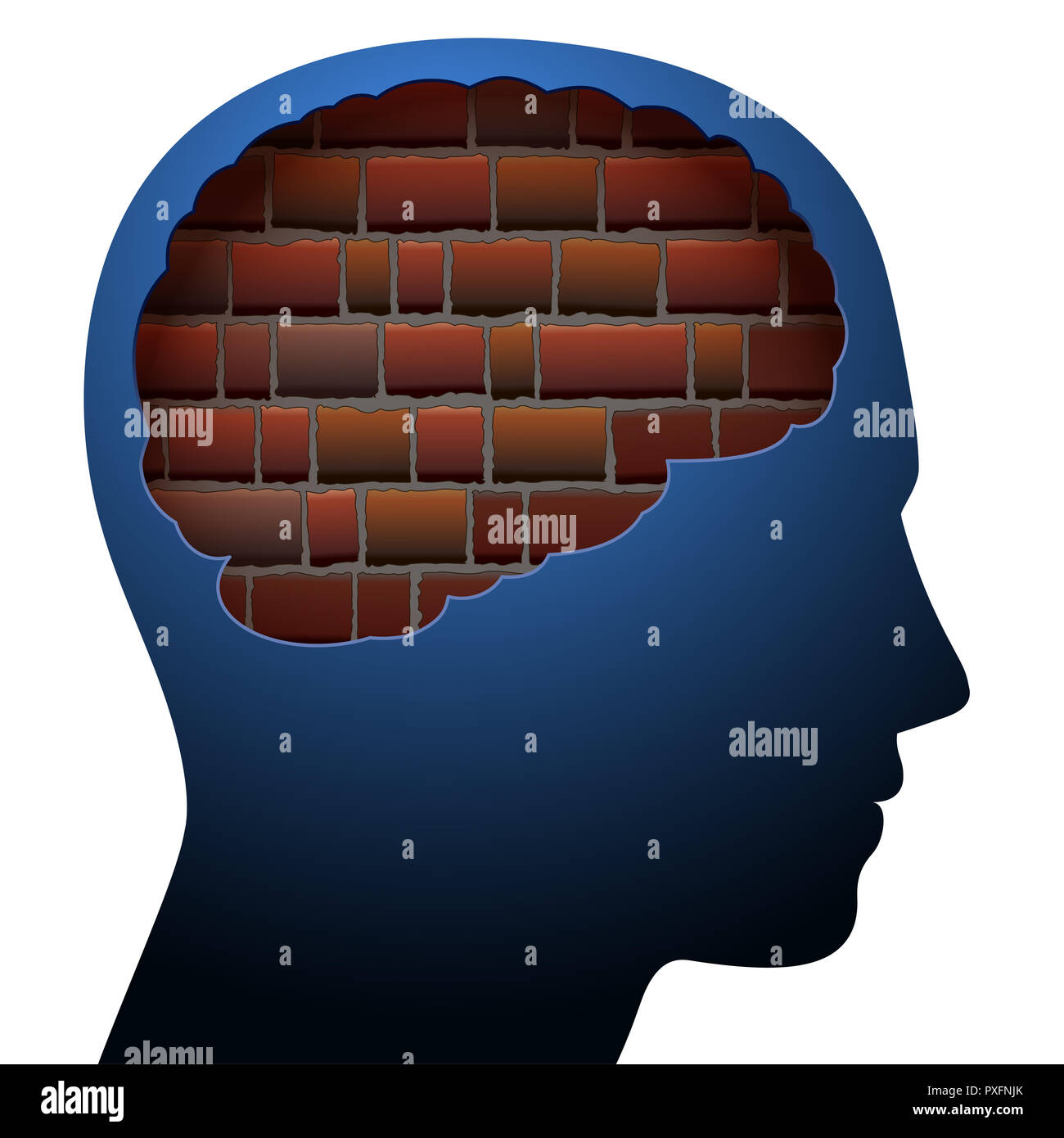 Mental block. Thinking barrier. Symbolized with a brick wall in the brain of a young person. Stock Photo