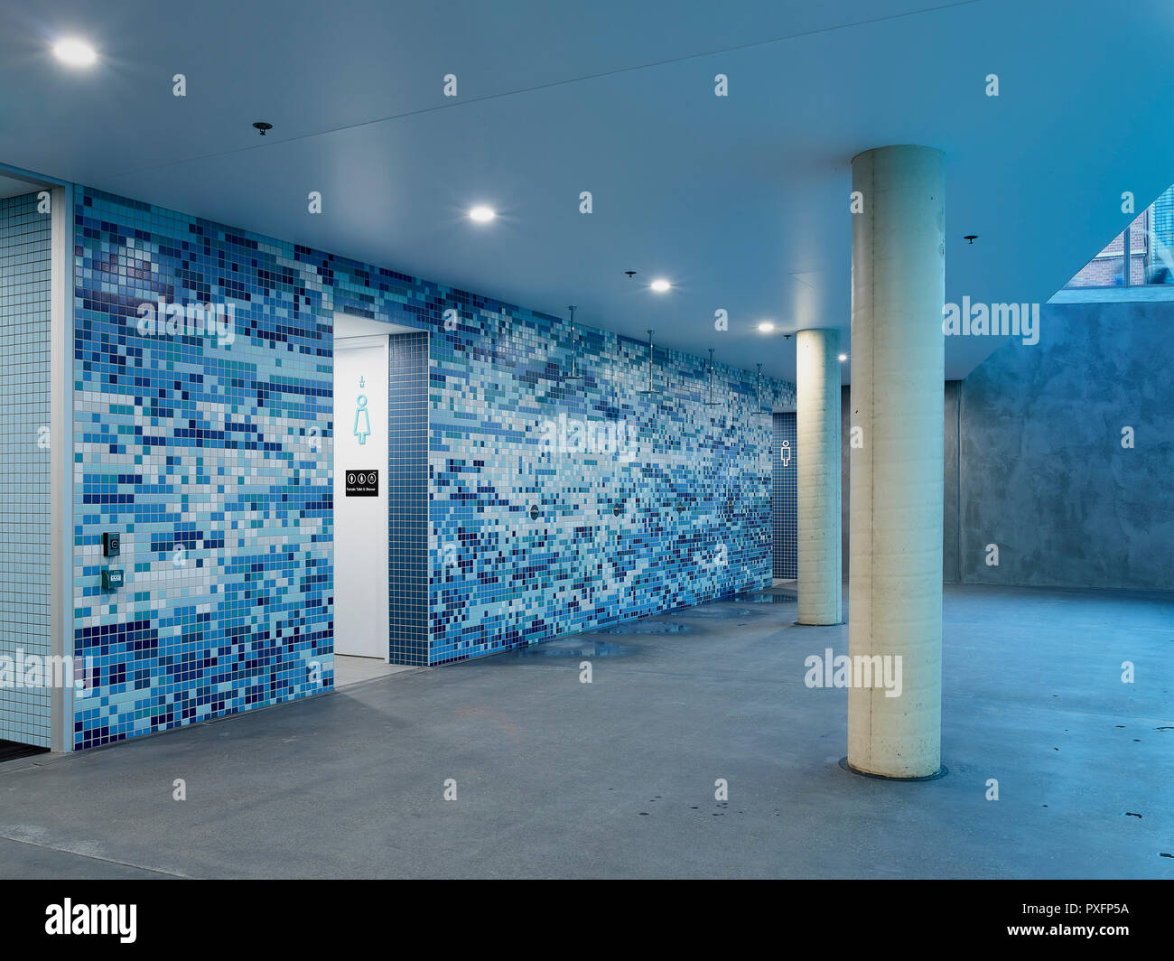 Swimming pool showers with tiled feature wall. Pridham Hall, Adelaide