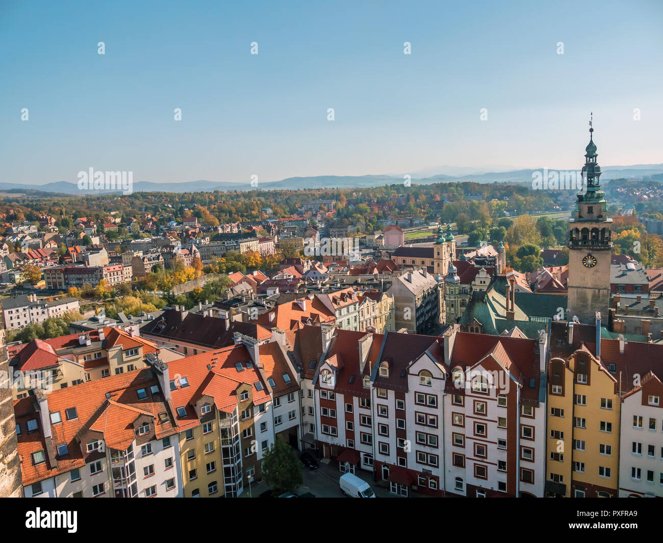 Panoramic view of Klodzko city with Sudety mountain range in the background, Lower Silesia, Poland Stock Photo