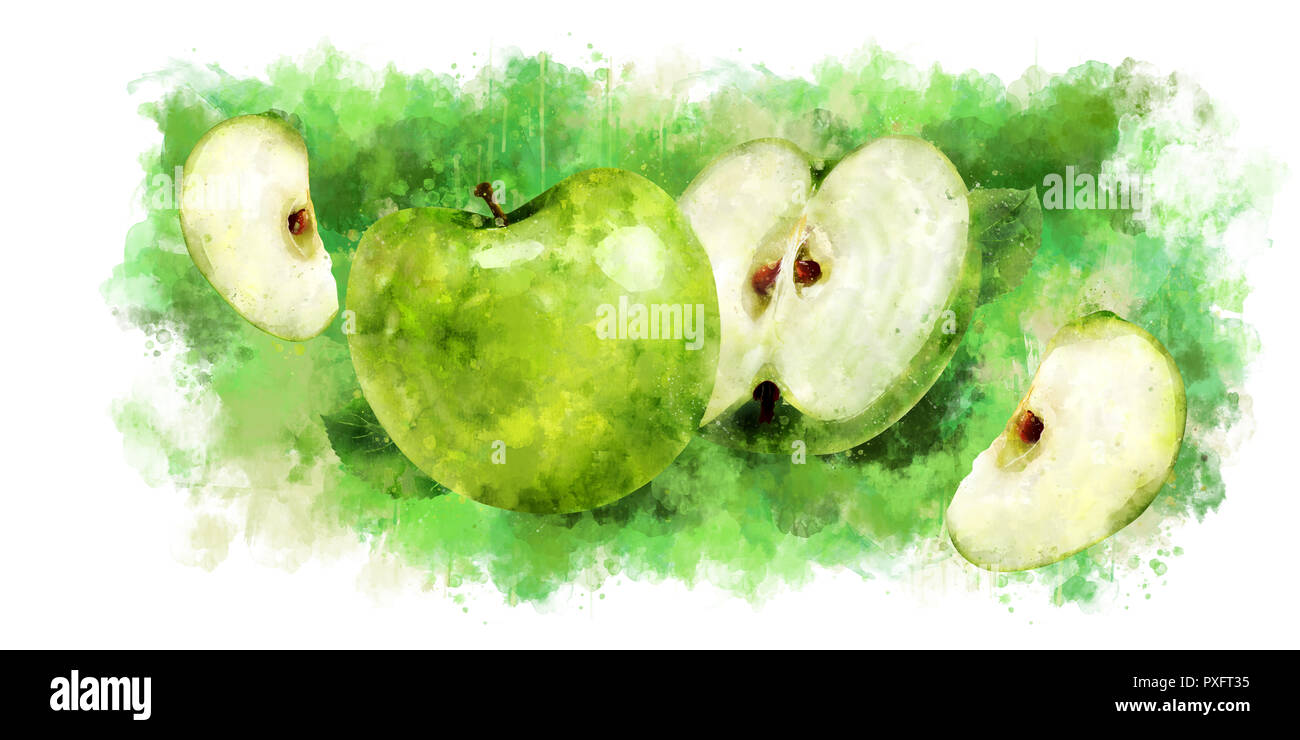 Green Apple on white background. Watercolor illustration Stock Photo