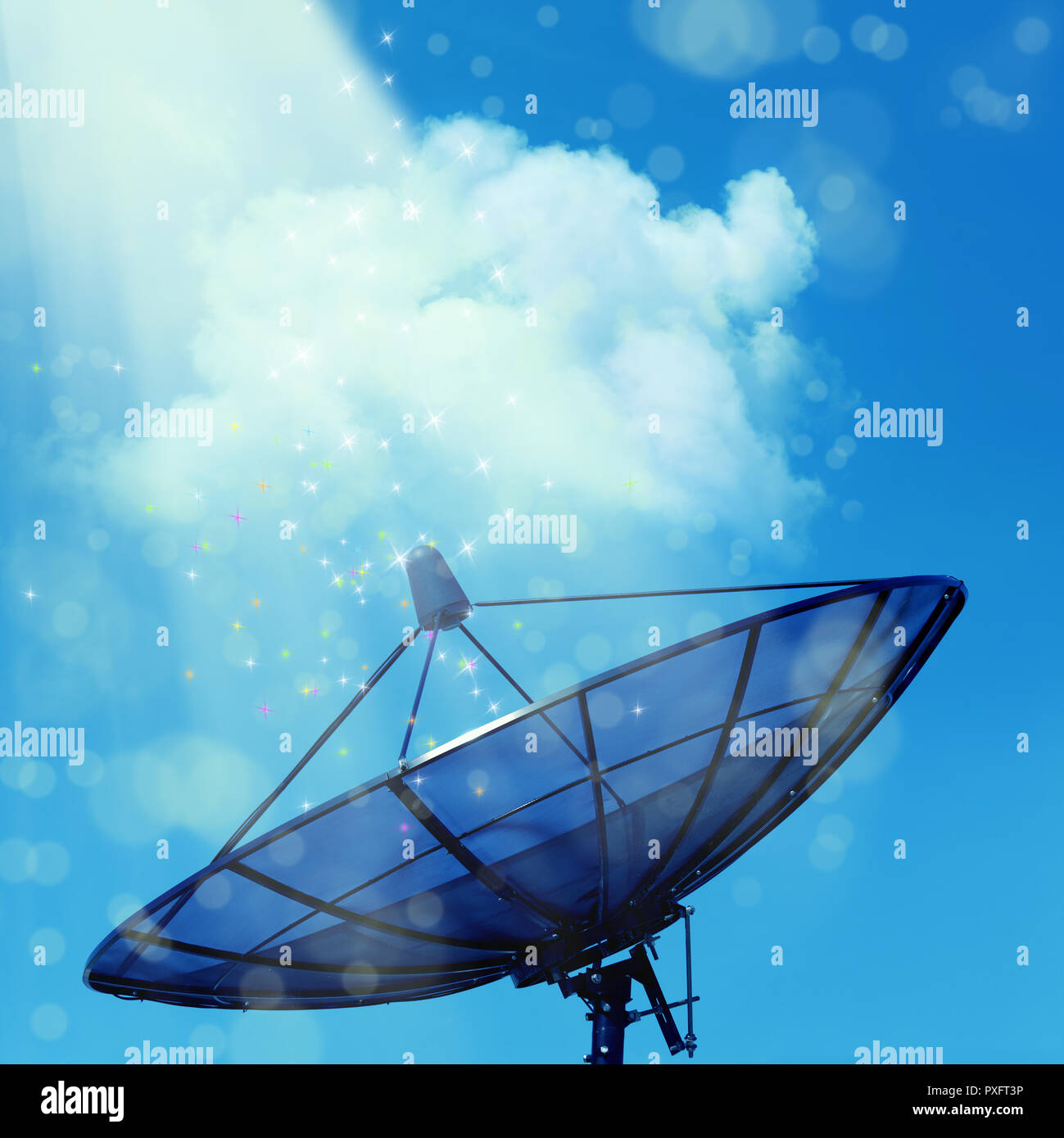 Conceptual image of a satellite dish antenna over night sky with abstract light manipulation Stock Photo