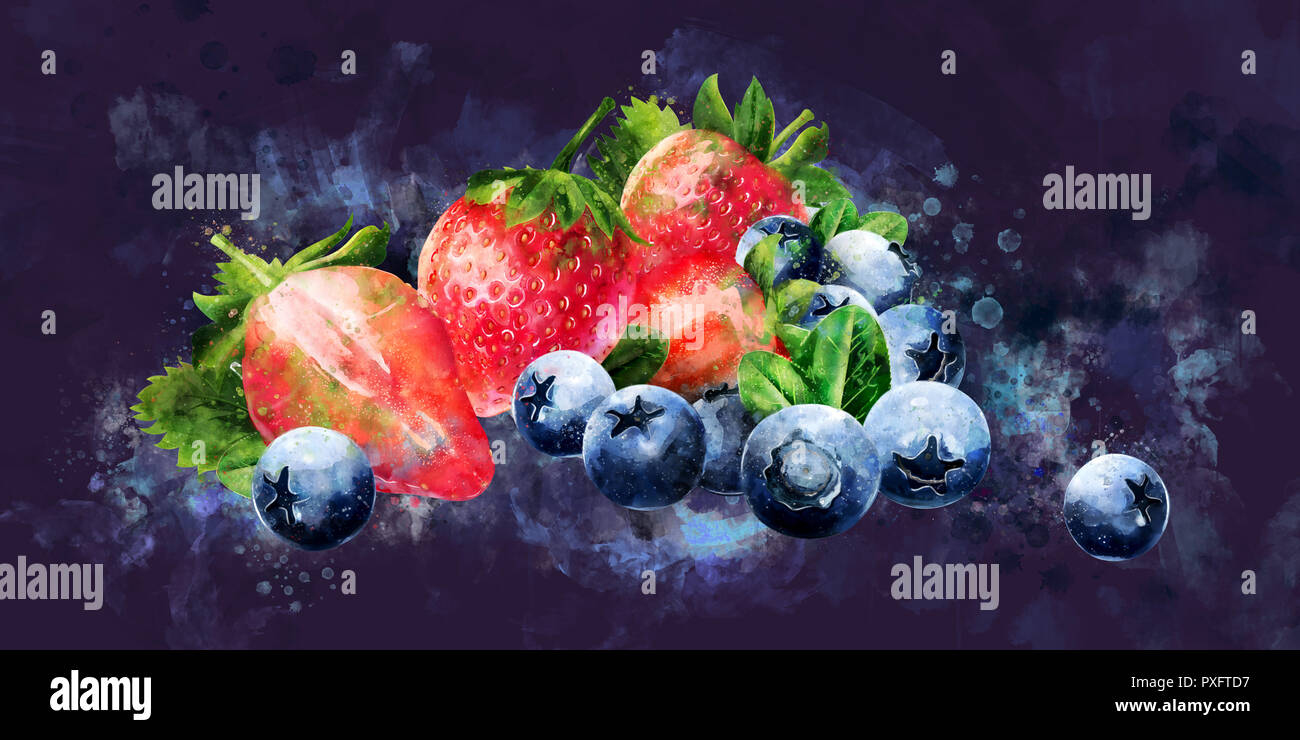 Blueberries and strawberries on dark background. Watercolor