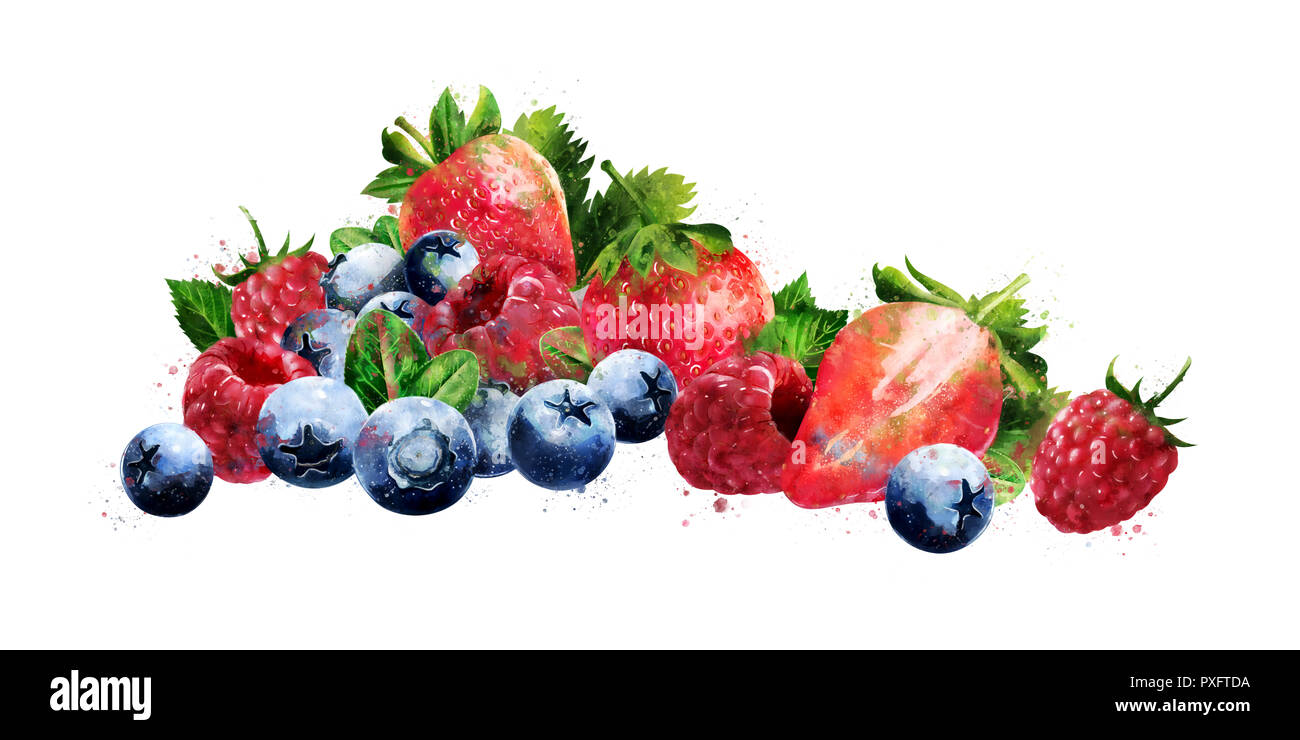 Raspberries, blueberries and strawberries on white background