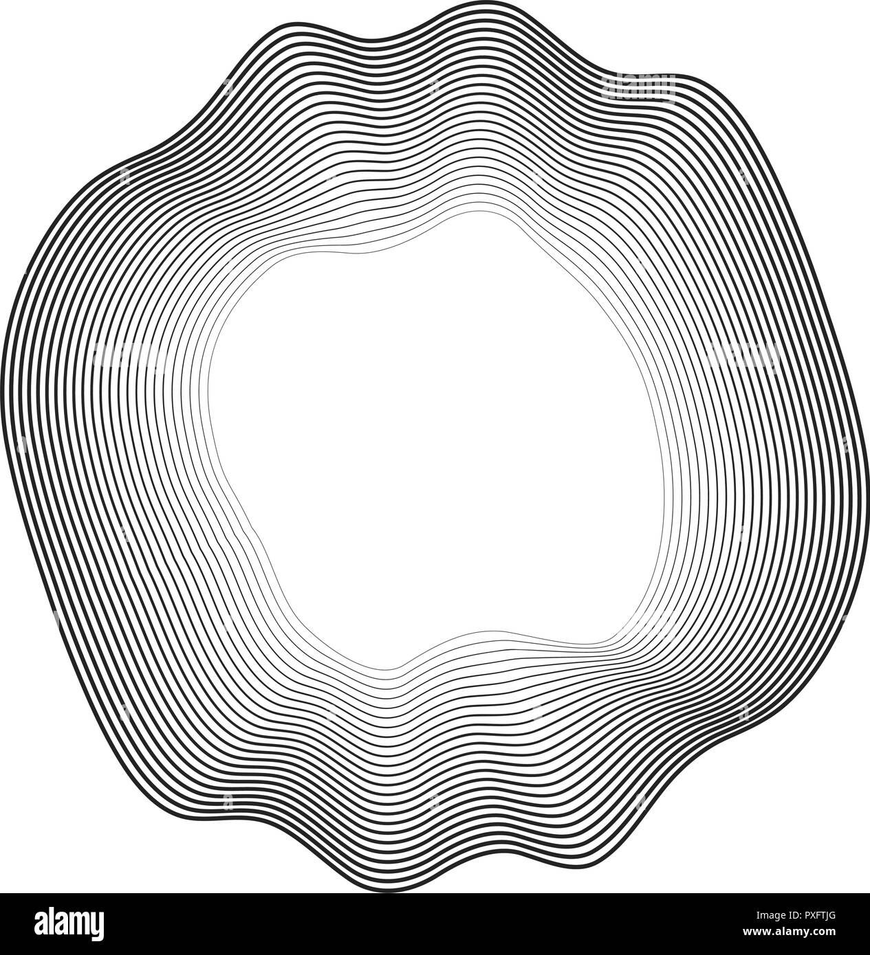black concentric wavy lines that makes a rounded abstract shape with hole. halftone vector background for design Stock Vector