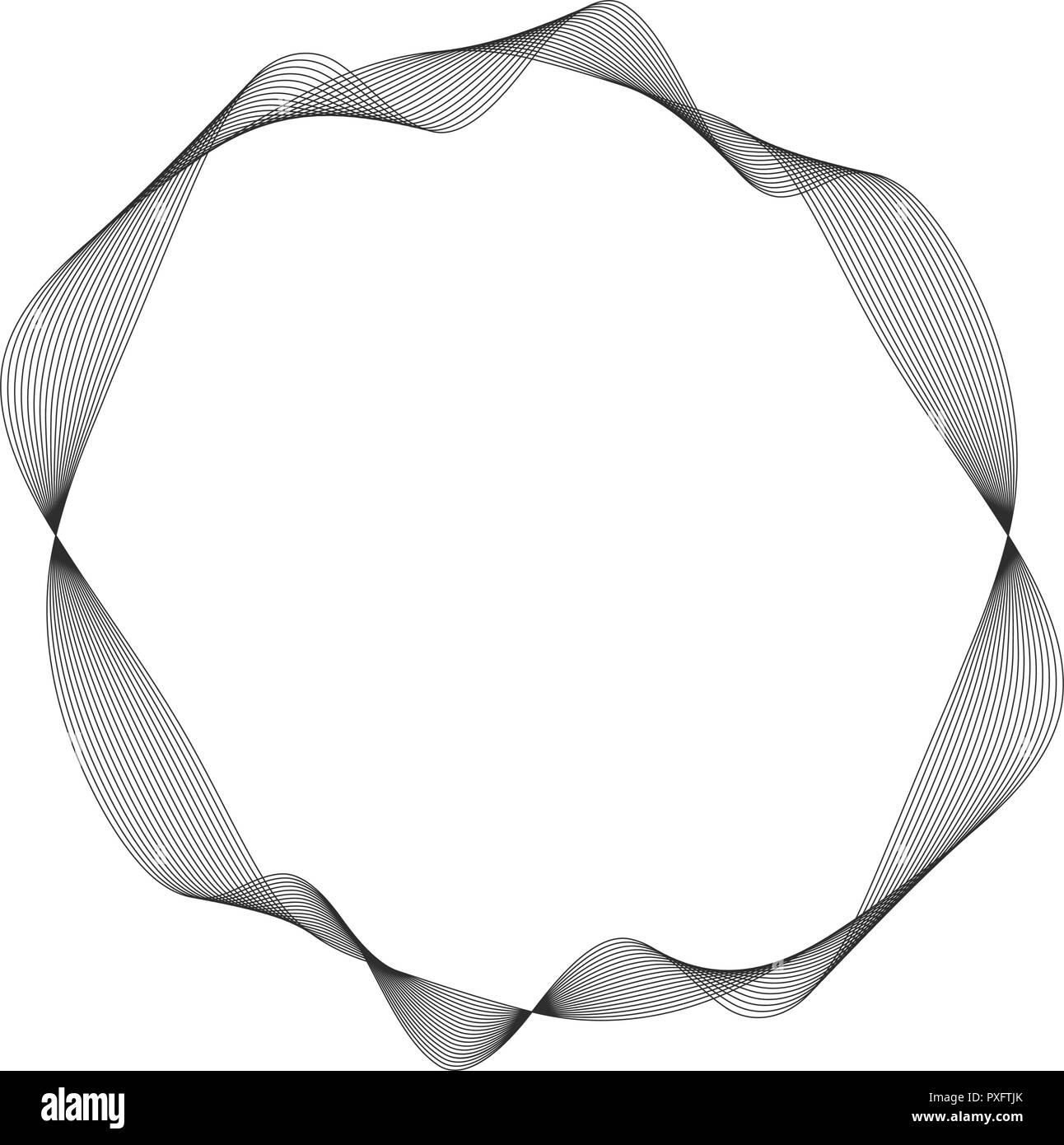 black concentric wavy lines that makes a rounded abstract shape. halftone vector background for design Stock Vector
