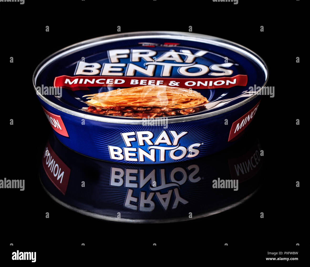 SWINDON, UK - OCTOBER 21, 2018: Fray Bentos Mince Beef and Onion Pie on a black background Stock Photo