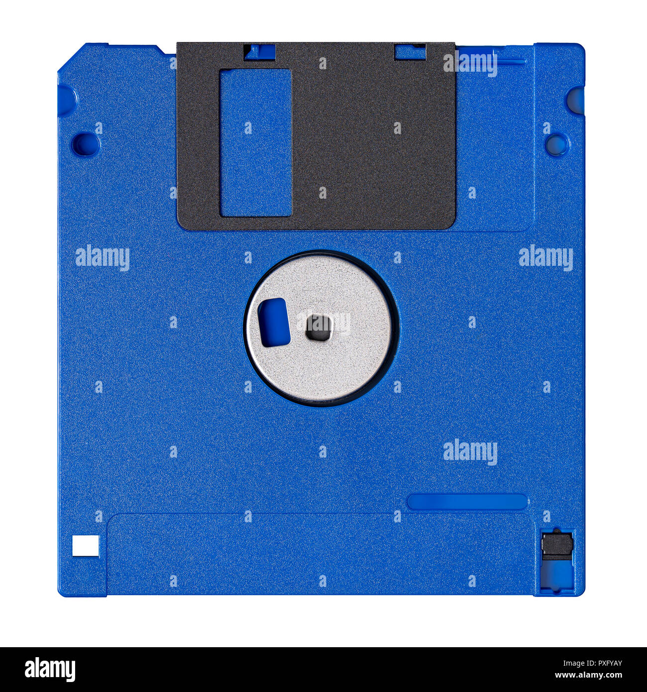Standard blue floppy disk isolated on white background. Backside view. Stock Photo