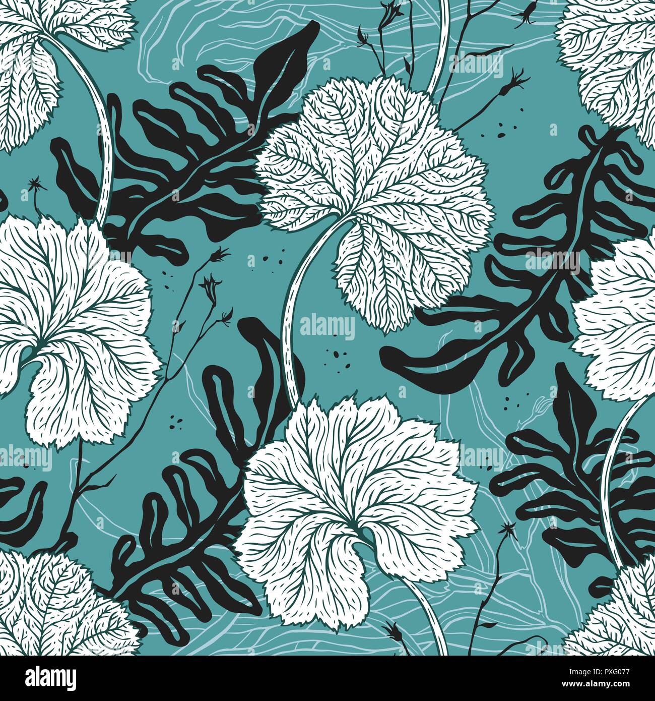 Botanical illustration. Hand Drawn flowers and plants. Monochrome vector illustrations in sketch style. Elegant Seamless vintage Pattern. Stock Vector