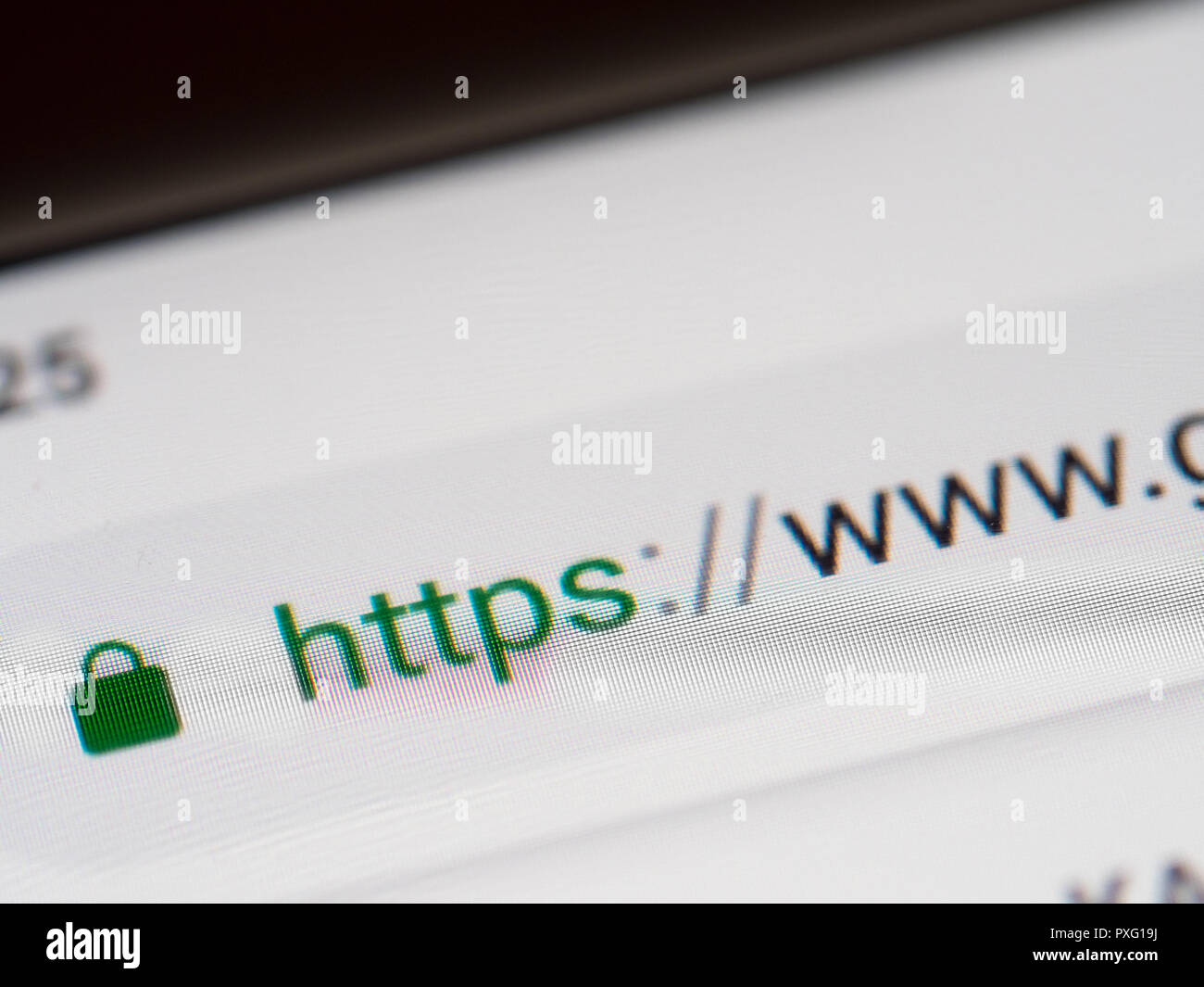 Closeup on smartphone display screen with https and www url. Security concept in search engine and web browser address. Hyper Text Transfer Protocol S Stock Photo