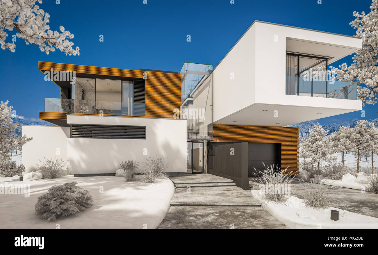 3d Rendering Of Modern Cozy House By The River With Garage Cool