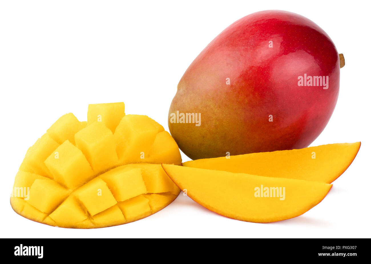 Mango fruit with mango cubes and slices. Isolated on a white background. Stock Photo