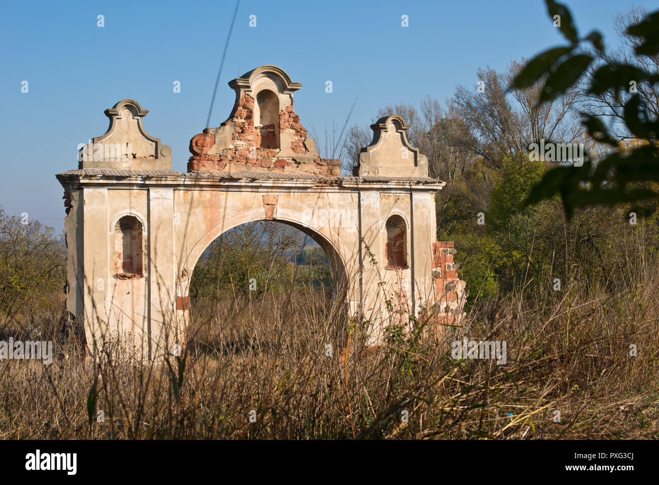 Ruins of old deserted baroque gateway in North Bohemia. Stock Photo