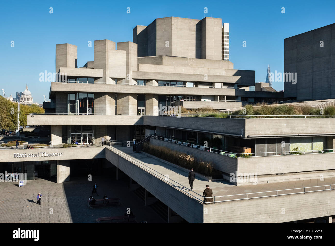 London, UK. The National Theatre, by the architect Denys Lasdun, opened in 1977 on the south bank of the River Thames beside Waterloo Bridge Stock Photo