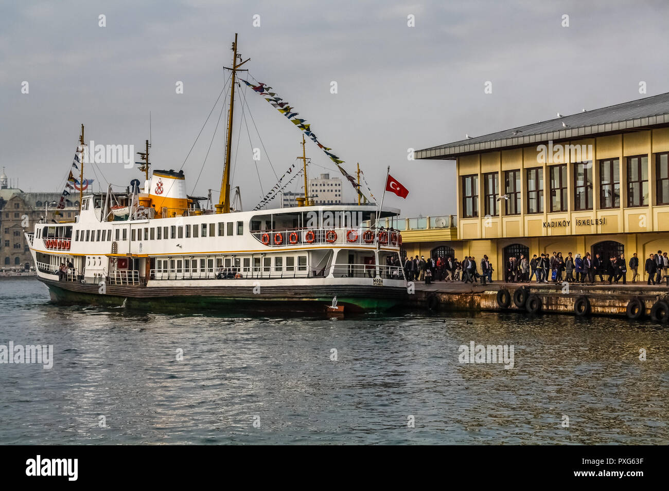 Passengers disembarking from a ferry at the Kadikoy Ferry Port, Istanbul. Stock Photo