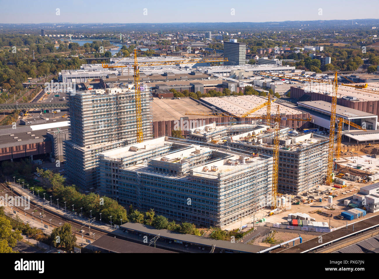 view from the Cologne Triangle Tower to the construction site of the building project MesseCiy Koeln near the exhibition center in the district Deutz, Stock Photo