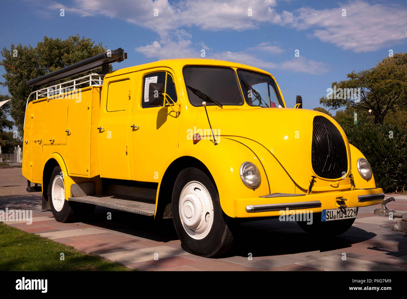 old Magirus-Deutz fire truck TLF 16, former pump water tender, Cologne, Germany.  Magirus-Deutz Rundhauber TLF 16, LKW, ehemaliges Tankloeschfahrzeug, Stock Photo