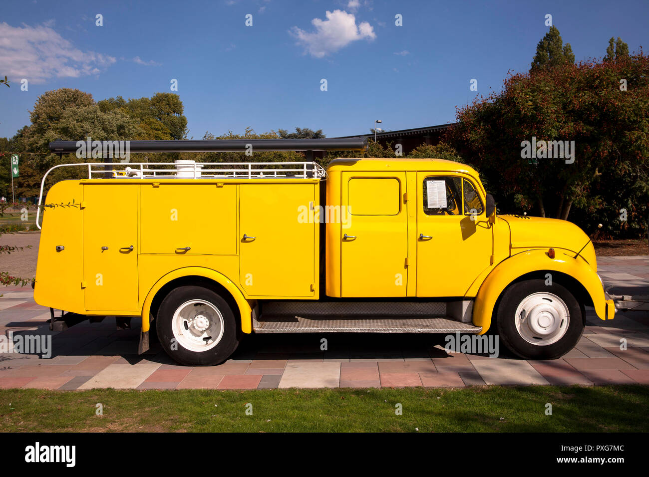 old Magirus-Deutz fire truck TLF 16, former pump water tender, Cologne, Germany.  Magirus-Deutz Rundhauber TLF 16, LKW, ehemaliges Tankloeschfahrzeug, Stock Photo