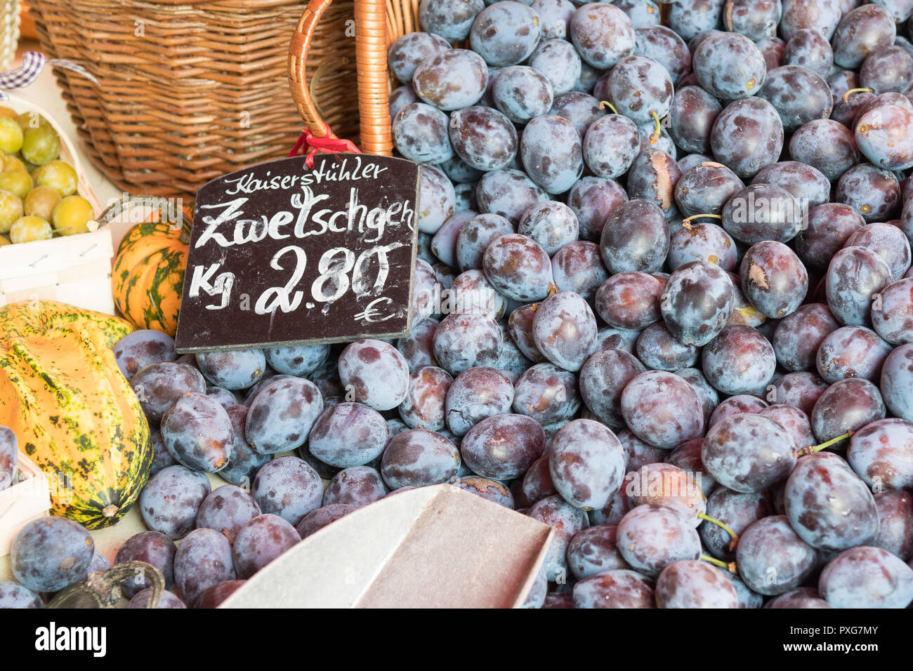 Plums from the Kaiserstuhl area of Germany for sale Stock Photo