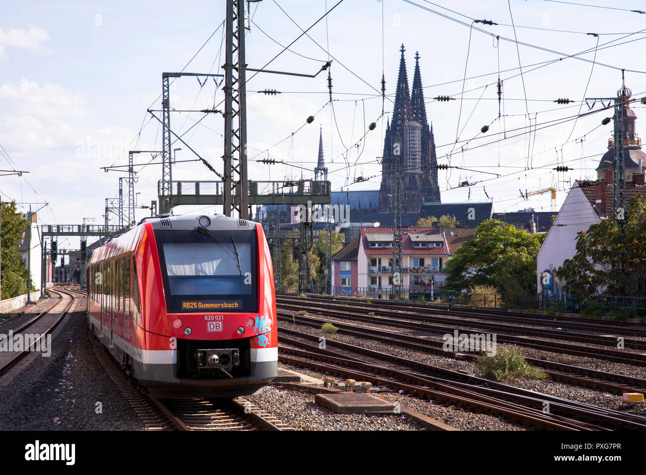 trains on the way to and from the main station, the cathedral, Cologne, Germany.  Zuege auf dem Weg vom und zum Hauptbahnhof, der Dom, Koeln, Deutschl Stock Photo